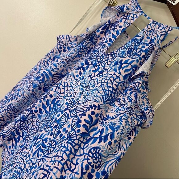 Lilly Pulitzer Blue Light Pink Sea Shells Floral Print Tank w/ Ruffles Women's L - Picture 3 of 6